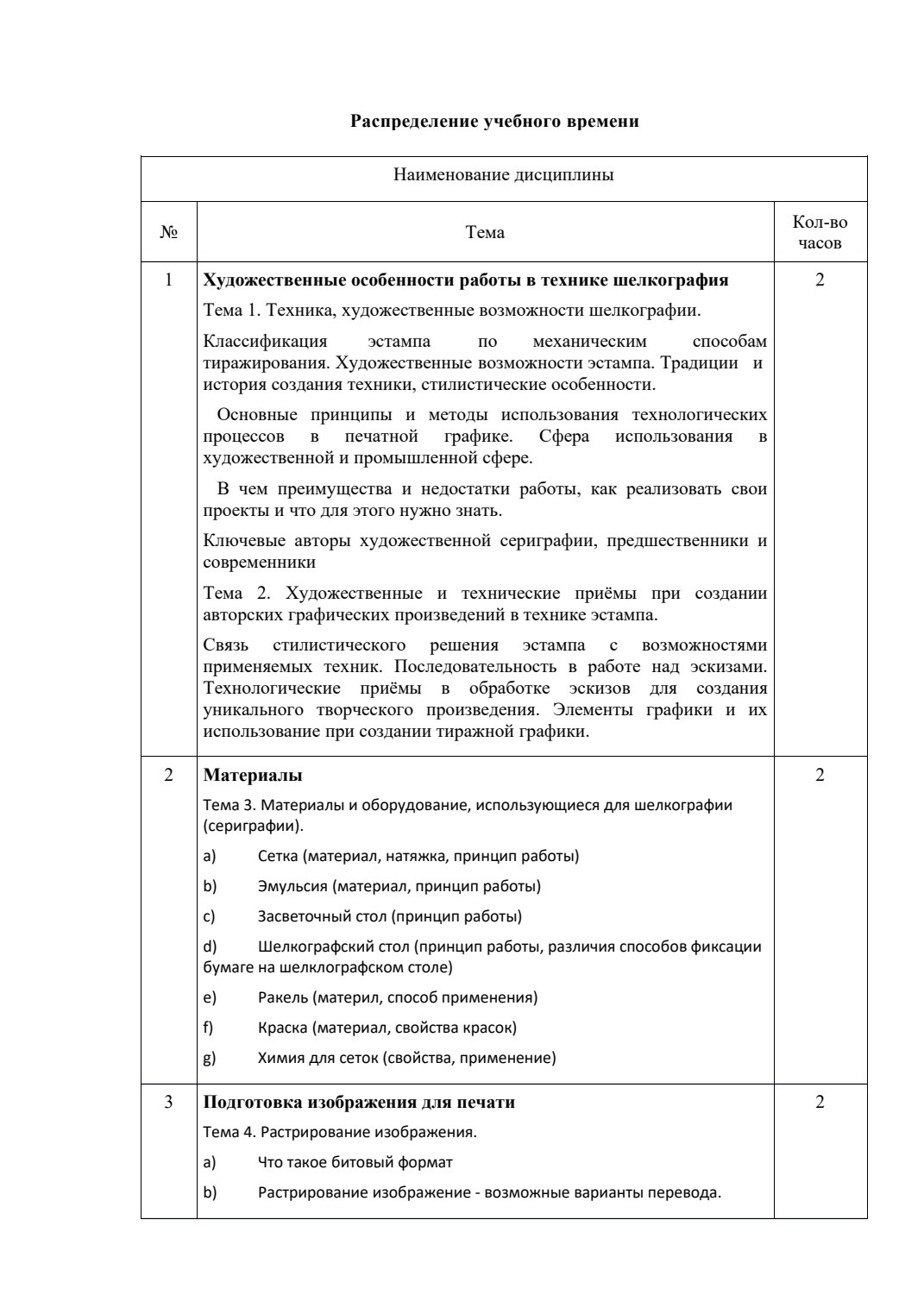 Страница 3 программы курса «Шелкография – техника печатной графики»