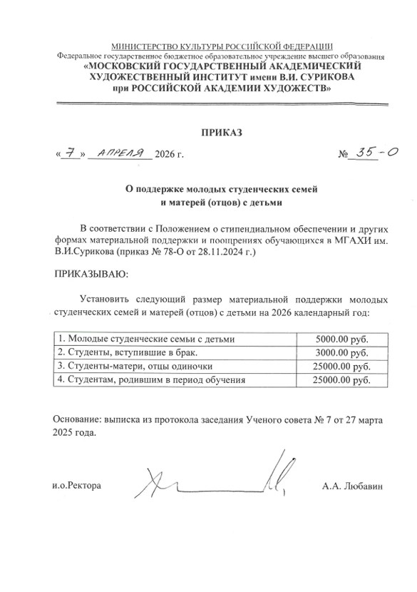 Приказ от 7 апреля 2026 года № 35-О — О поддержке молодых студенческих семей и матерей (отцов) с детьми.