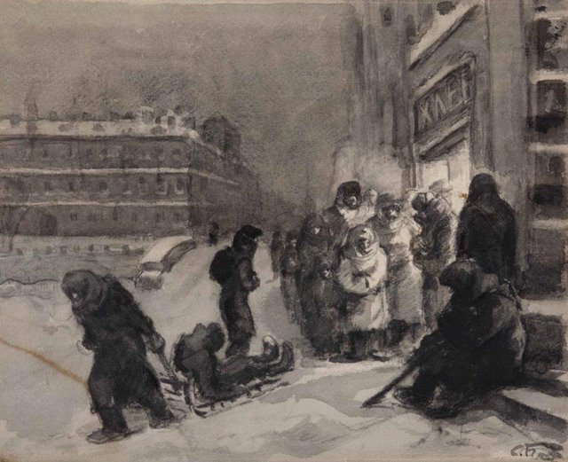 Бойм Соломон Самсонович У булочной (Из серии Ленинград в блокаде) 1942 ИРРИ